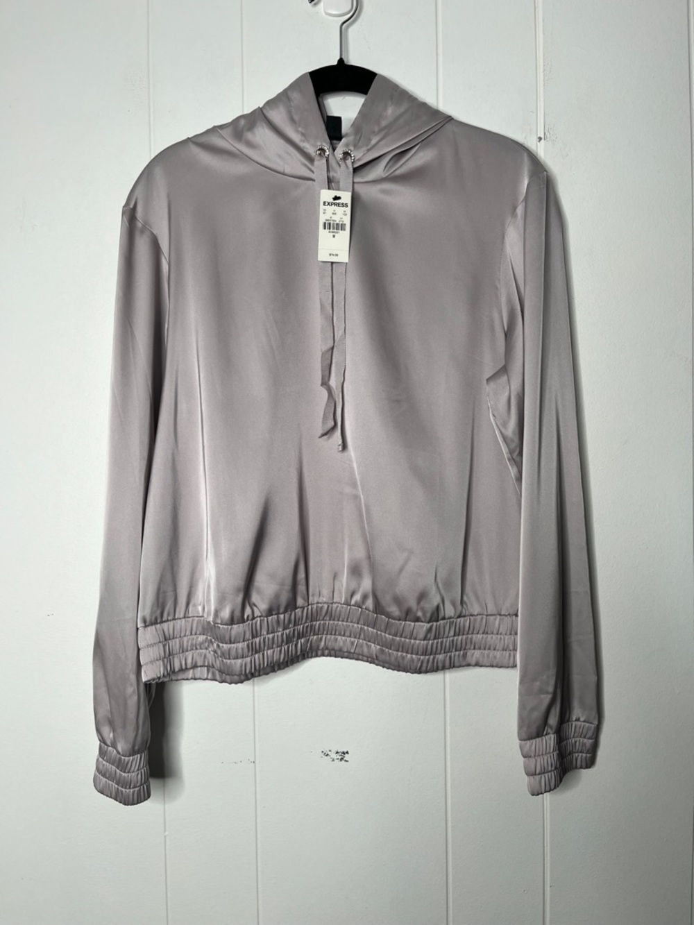Express Satin Hooded Pullover Top in Light Gray/Purple NWT Size M